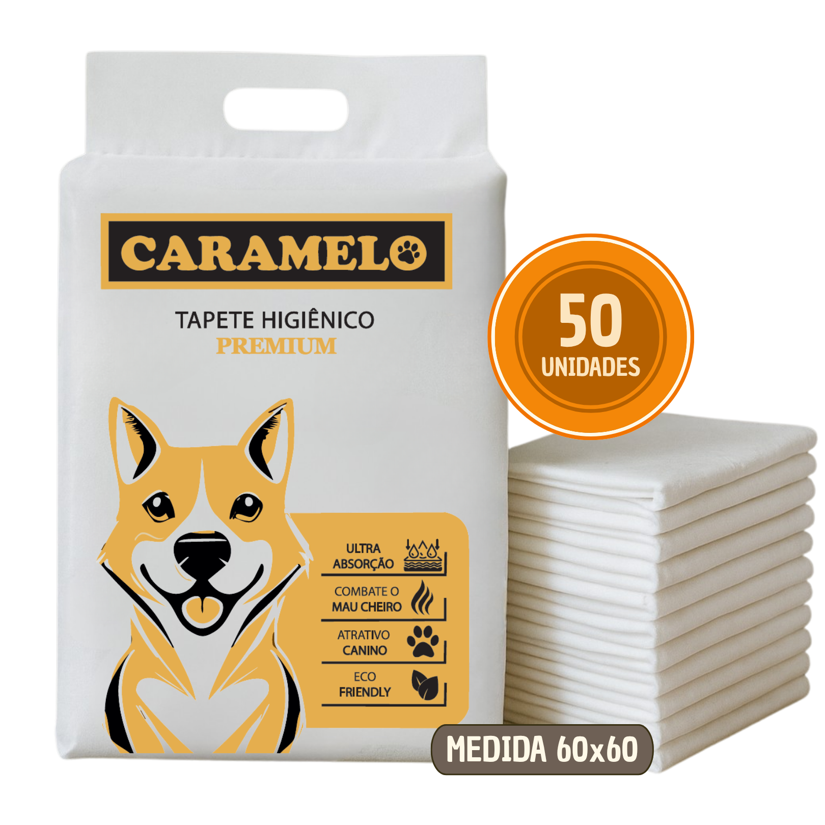 Tapete Higiênico Caramelo Para Cães 60x60cm - 50 Unidades