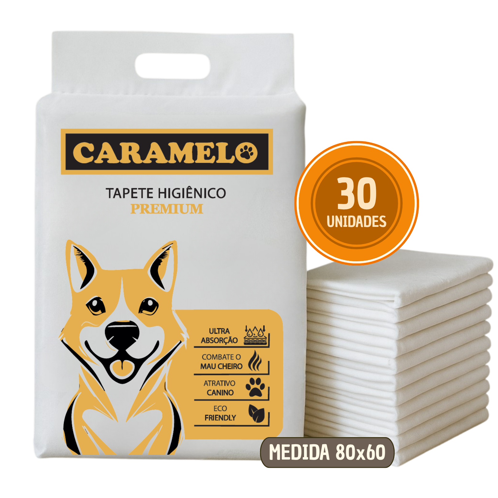 Tapete Higiênico Caramelo Para Cães 80x60cm - 30 Unidades