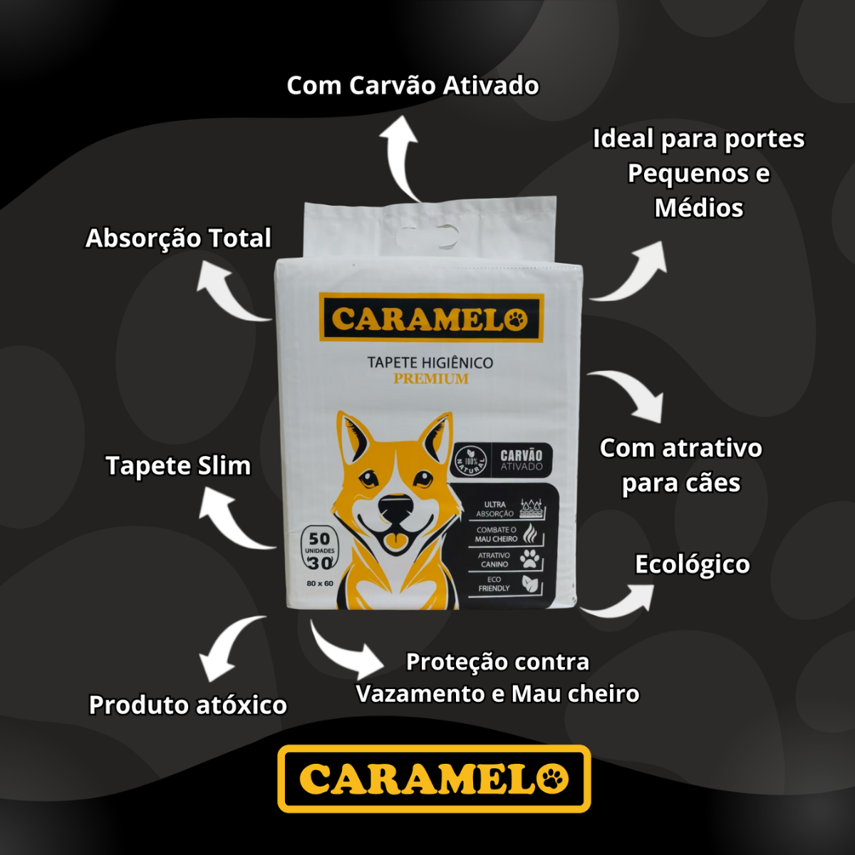 Tapete Higiênico Caramelo Para Cães Com Carvão Ativado 80x60cm - 30 Unidades