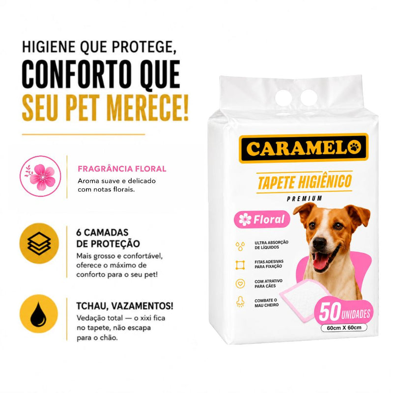 Tapete Higiênico Caramelo 50 Unidades  Fragrância Floral - 60x60 / 80x60 - Alta Absorção - Não Vaza  Combate mau cheiro