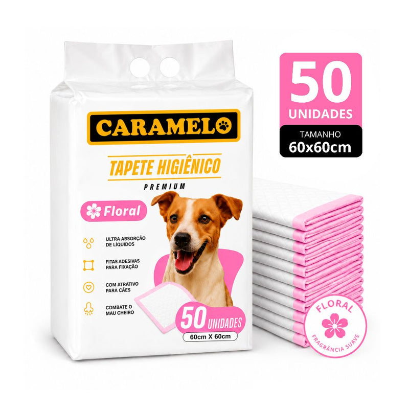Tapete Higiênico Caramelo 50 Unidades  Fragrância Floral - 60x60 / 80x60 - Alta Absorção - Não Vaza  Combate mau cheiro